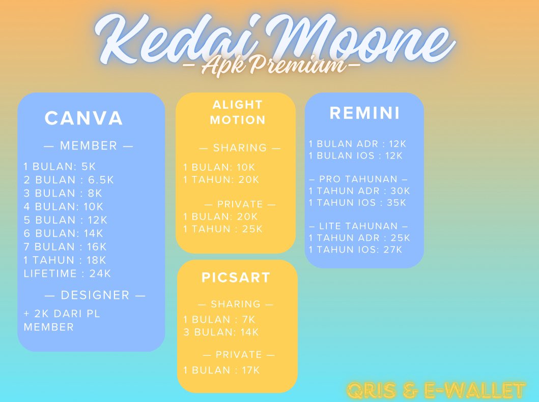 ansmoone's tweet image. ૮ ˶ᵔ ᵕ ᵔ˶ ა –ㅤ               🔔! .

hi rek🐻‍❄️! kedai moone menyediakan price list untuk kamu yang sedang mencari 𝗮𝗽𝗽 𝗽𝗿𝗲𝗺 !
yang berminat boleh intip pl moone yaa 🫶🏼.

☎️ : wa.me/6287872516385 ᡣ𐭩ྀིྀི.
💸 : QRIS &amp;amp; e-wallet ᡣ𐭩ྀིྀི.