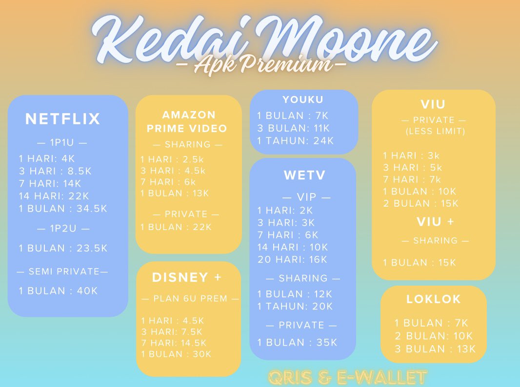 ansmoone's tweet image. ૮ ˶ᵔ ᵕ ᵔ˶ ა –ㅤ               🔔! .

hi rek🐻‍❄️! kedai moone menyediakan price list untuk kamu yang sedang mencari 𝗮𝗽𝗽 𝗽𝗿𝗲𝗺 !
yang berminat boleh intip pl moone yaa 🫶🏼.

☎️ : wa.me/6287872516385 ᡣ𐭩ྀིྀི.
💸 : QRIS &amp;amp; e-wallet ᡣ𐭩ྀིྀི.