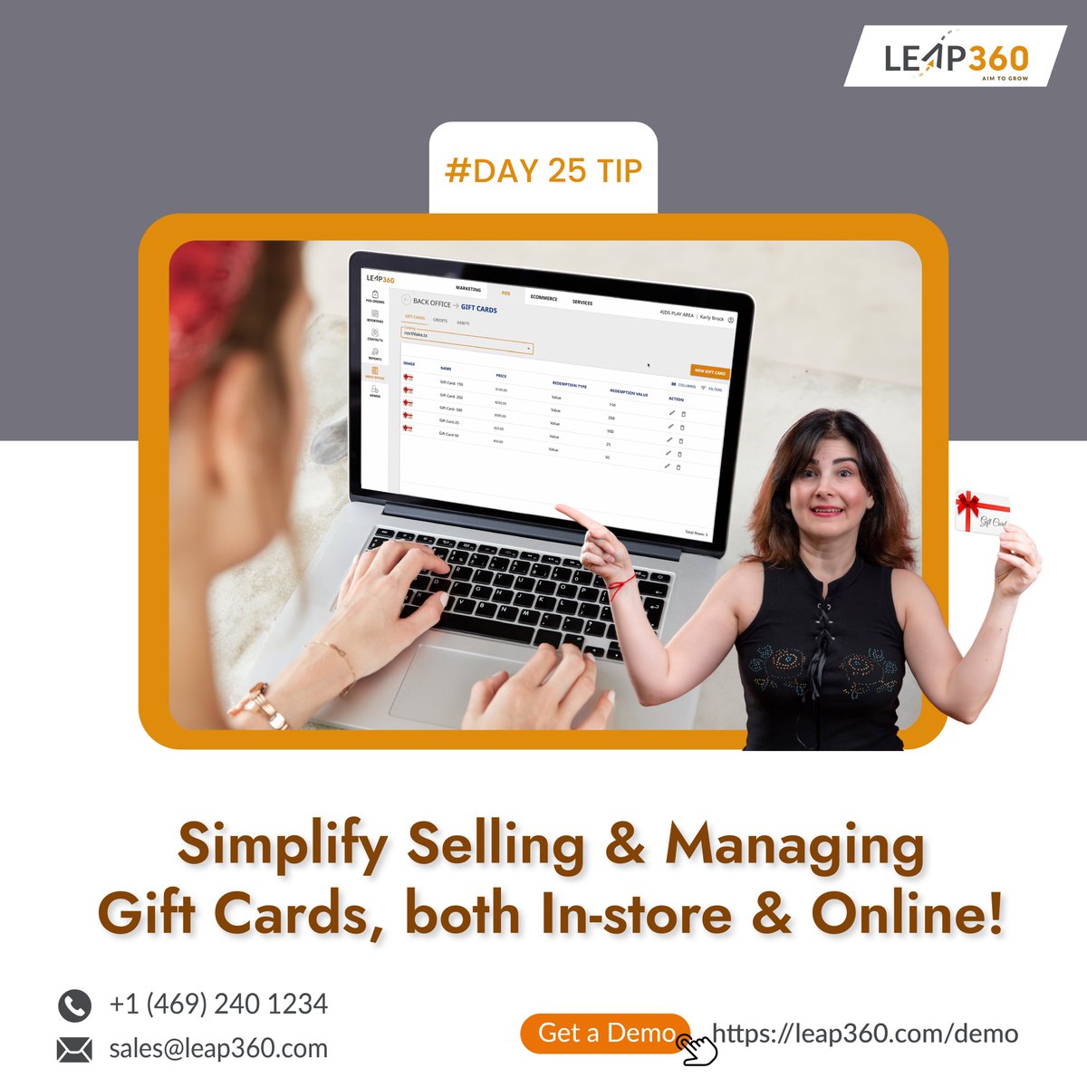Leap360CRM's tweet photo. Day 25 #Business Success Tip! Gift cards are great to grow a play area! Simplify gift card sales with LEAP360!
Sell in-store/online
Track balances
Boost holiday revenue
Book Demo - https://t.co/zNQBsCEfLJ
#businesstips #giftcards #LEAP360giftcards #businessgrowth #LEAP360 https://t.co/JEwL19NSkp