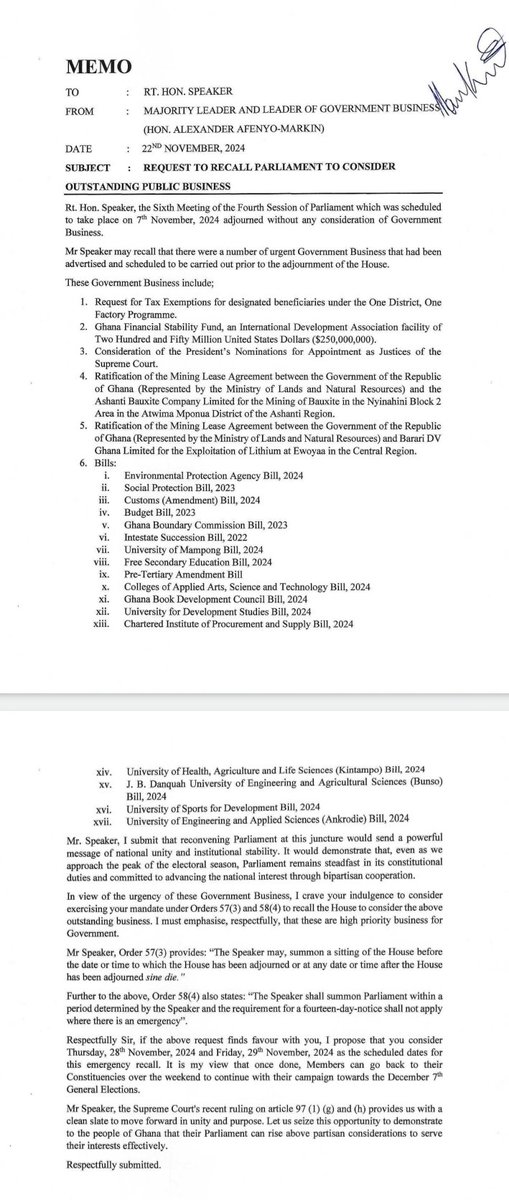 BBSimons's tweet photo. Just look at the sheer number of (very important) laws, policies, and measures that Ghana's ruling party wants the Parliament to reconvene for JUST TWO DAYS to RAM THROUGH! Unbelievable! Essentially, they see the Parliament as just a rubber stamp. If the Opposition agree to participate in this racket, it would be the clearest sign to voters that all their claims of being interested in change and improved governance etc are just a show. What a lark! 😡😡😡
