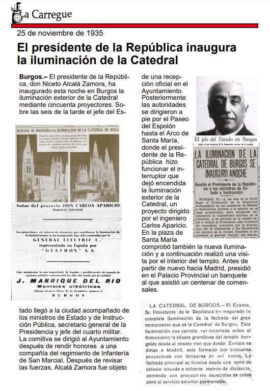 Noticias de noviembre de 1935. El presidente de la República inaugura la iluminación de la Catedral