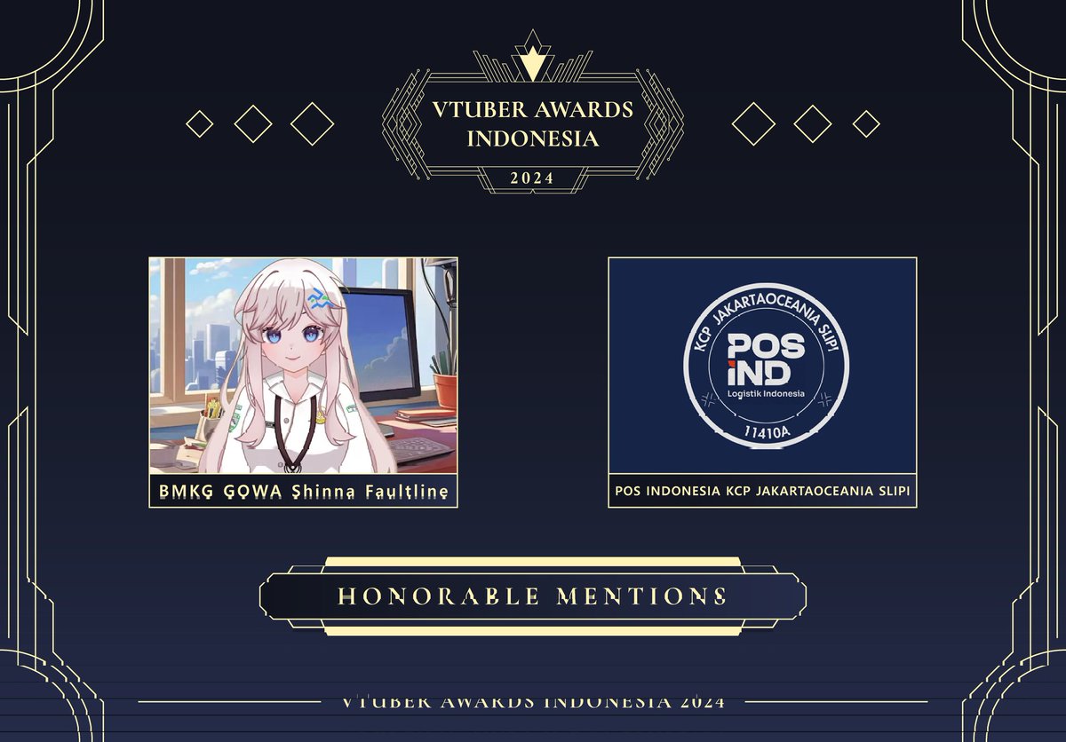 VtuberIDAwards's tweet photo. Post ini kami dedikasikan untuk para HONORABLE MENTIONS π
#VTuberIDAwards mempersembahkan predikat ini kepada kak Shinna Faultline dan BMKG Gowa serta Tim @posind_kcpslipi atas dukungan dan inisiatif kreatif mereka dalam komunitas #VTuberID https://t.co/rc4esGfvQR