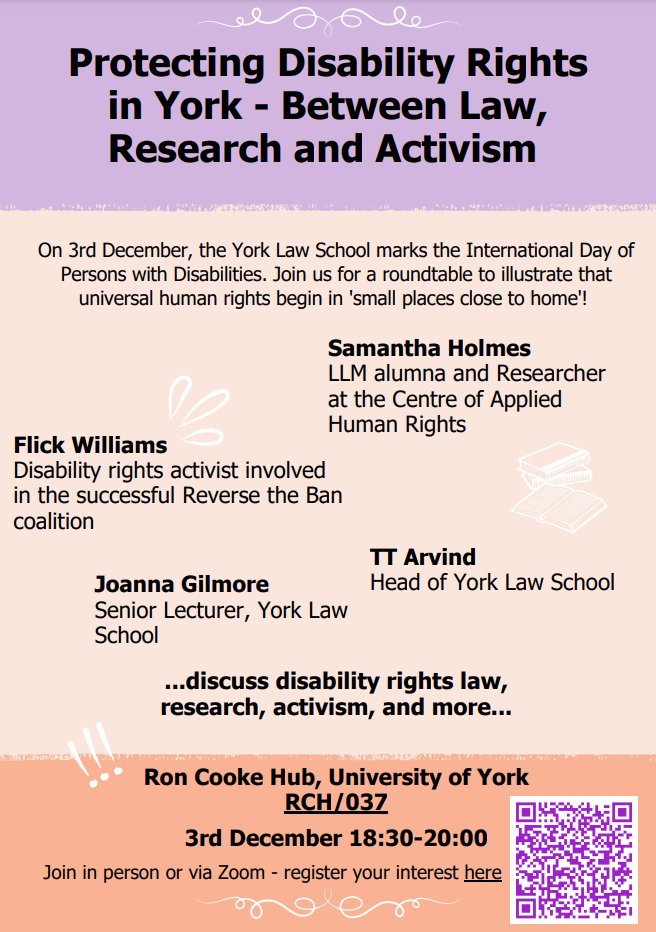 📅3 December 2024, 6.30-8pm

Protecting Disability Rights in York - Between Law, Research and Activism

For more information and to register, visit york.ac.uk/cahr/events/20…