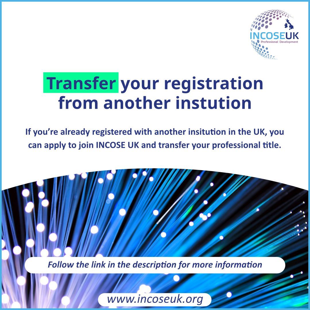 Are you a systems engineer, but have your registration with another institution? 

Learn more about transferring your registration here: bit.ly/2xG3t1F

#INCOSEUK #ProfessionalDevelopment #ProfessionalRegistration