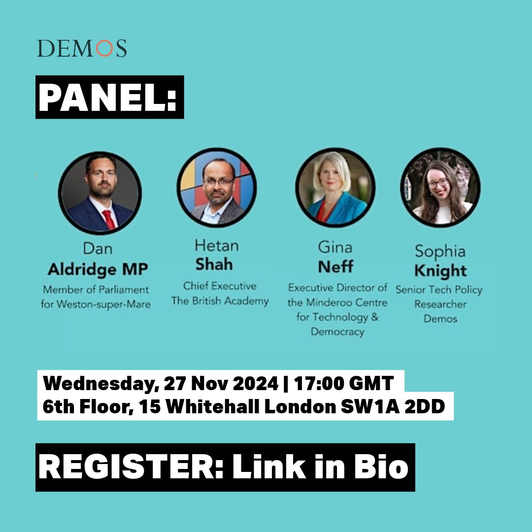 Minderoo Centre for Technology and Democracy (@mctdcambridge) on Twitter photo THIS WEEK 💬 Tech that Liberates: A New Vision for Embedding AI in Public Service Reform – a new report from <a href="/Demos/">Demos</a>!
How can tech support a liberated public sector workforce? <a href="/ginasue/">Prof Gina Neff</a> <a href="/DanAldridgeWSM/">Dan Aldridge MP</a> <a href="/HetanShah/">Hetan Shah</a> <a href="/sophia_a_knight/">Sophia Knight</a> explore at the launch...
➡️mctd.ac.uk/events/panel-h… THIS WEEK 💬 Tech that Liberates: A New Vision for Embedding AI in Public Service Reform – a new report from <a href="/Demos/">Demos</a>!
How can tech support a liberated public sector workforce? <a href="/ginasue/">Prof Gina Neff</a> <a href="/DanAldridgeWSM/">Dan Aldridge MP</a> <a href="/HetanShah/">Hetan Shah</a> <a href="/sophia_a_knight/">Sophia Knight</a> explore at the launch...
➡️mctd.ac.uk/events/panel-h…