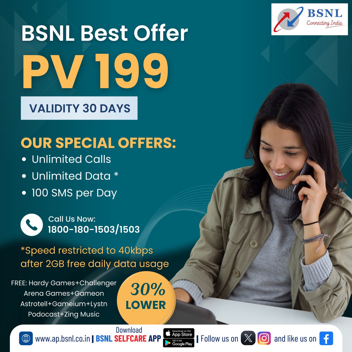bsnl_ap_circle's tweet photo. #BSNL offers unlimited Calls and Data at affordable prices!. Recharge with #PV199 & Enjoy unlimited voice Calls & Data (Unlimited Calls, 2GB data & 100 SMS per day) for 30 days.
#RechargeNow with #BSNLSelfCareApp Download the app now.
Google Play: https://t.co/BBdCESVAlG https://t.co/TOmEcK9UPY