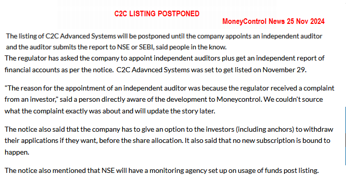 Another wicket almost down after Taffiksol? C2C listing postponed.😡Fortunately, since allotment is not done, it should be faster to get subscription money back.  

This can take at least 2 weeks for a decision to come from SEBI. Whether to allow or not to allow, will depend on