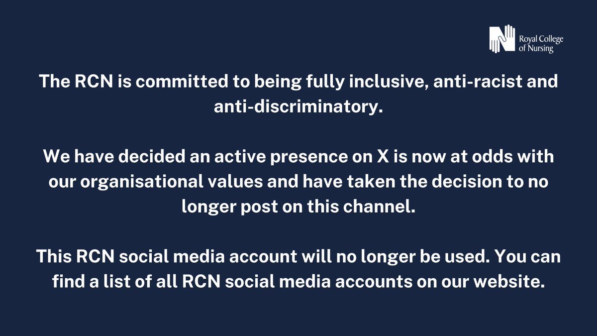 The RCN is committed to being fully inclusive, anti-racist and anti-discriminatory. We have decided an active presence on X is now at odds with our organisational values and have taken the decision to no longer post on X. This RCN social media account will no longer be used.