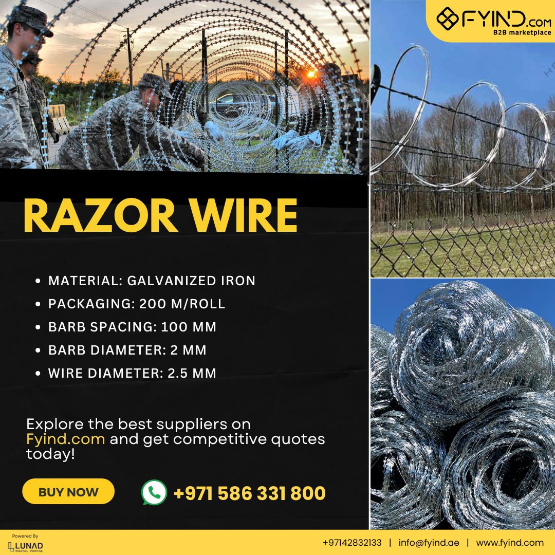 FYIND_COM's tweet image. Secure your space with top-quality Razor Wire from trusted suppliers on FYIND! Get the best deals on durable, reliable, and cost-effective solutions. Shop now - fyind.com/uae/en/securit…

.

#RazorWire #SecuritySolutions #SecurityWire #Wire #B2BMarketplace #OnlineShopping