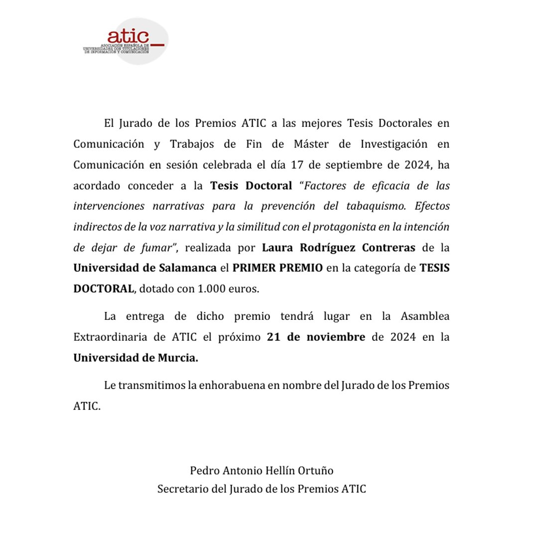 OCA_usal's tweet photo. El pasado jueves nuestra miembro @LauraRodri9 recibió el premio a la mejor Tesis Doctoral en Comunicación otorgado por @ATIC en la @UniMurcia por su trabajo dirigido por @jjigartua.

¡Enhorabuena, Laura! 🎉 https://t.co/iRWfhgs5nD