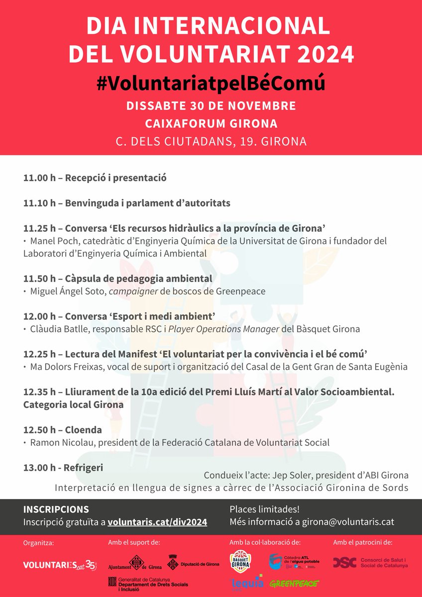 🚰 #Girona obre les celebracions del Dia Internacional del Voluntariat. L'acte gira entorn de la salut i de l'accés a l'aigua.

🗓️ 30/11
⏰ 11 h
📍 <a href="/CaixaForum_CAT/">CaixaForum</a>  Girona 
▪️ Notícia tuit.cat/h74pj
▪️ Programa tuit.cat/kbwl2
#VoluntariatpelBéComú #DIV2024