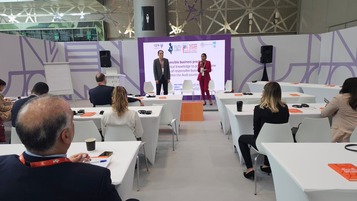 ILOQatar's tweet photo. With @QUCBE's Centre for Entrepreneurship & Organizational Excellence, we hosted a side event on #RespBiz practices and promoting responsible business leadership in Arab countries at #ASMES2024. Many thanks to the speakers for their insightful contributions! https://t.co/rrh7oUYOr9