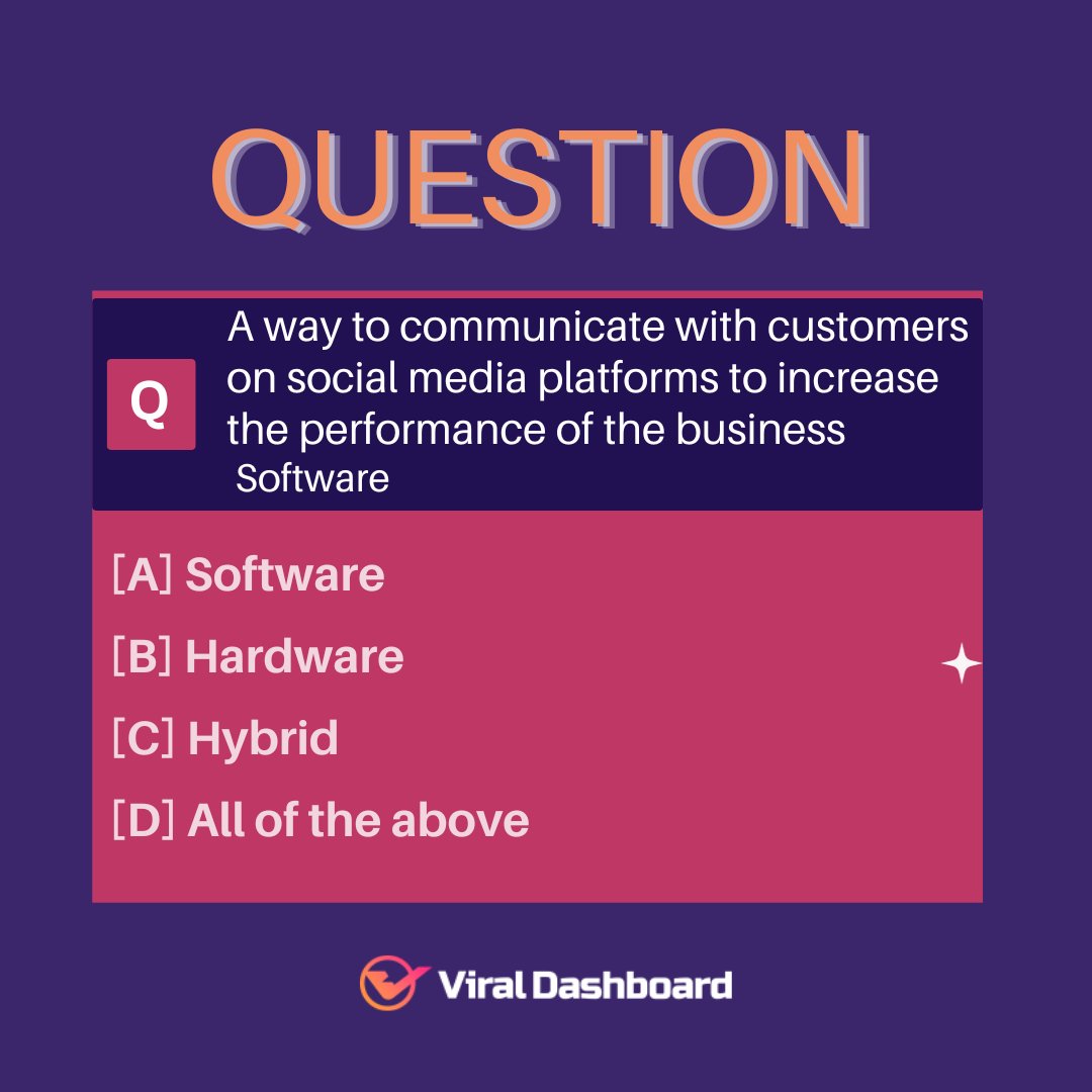 a way to communicate with customers on social media platforms to increase the performance of the business
 Software
 Hardware
 All of the above

Follow us on social  media for more updates
#socialmedia #bhfyp #video #creative #youtube #business #ViralDas