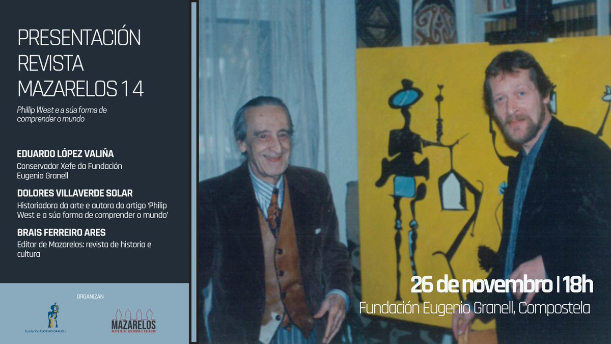 📣 Mañá vémonos na <a href="/FundGranell/">Fundación Eugenio Granell</a> ás 18h! Presentaremos a #Mazarelos14 con...

👉Eduardo López Valiña, conservador xefe da Fundación

👉Dolores Villaverde Solar, profesora da <a href="/UDC_gal/">Universidade da Coruña</a> e autora dun artigo sobre Philip West

👉Brais Ferreiro, historiador e editor