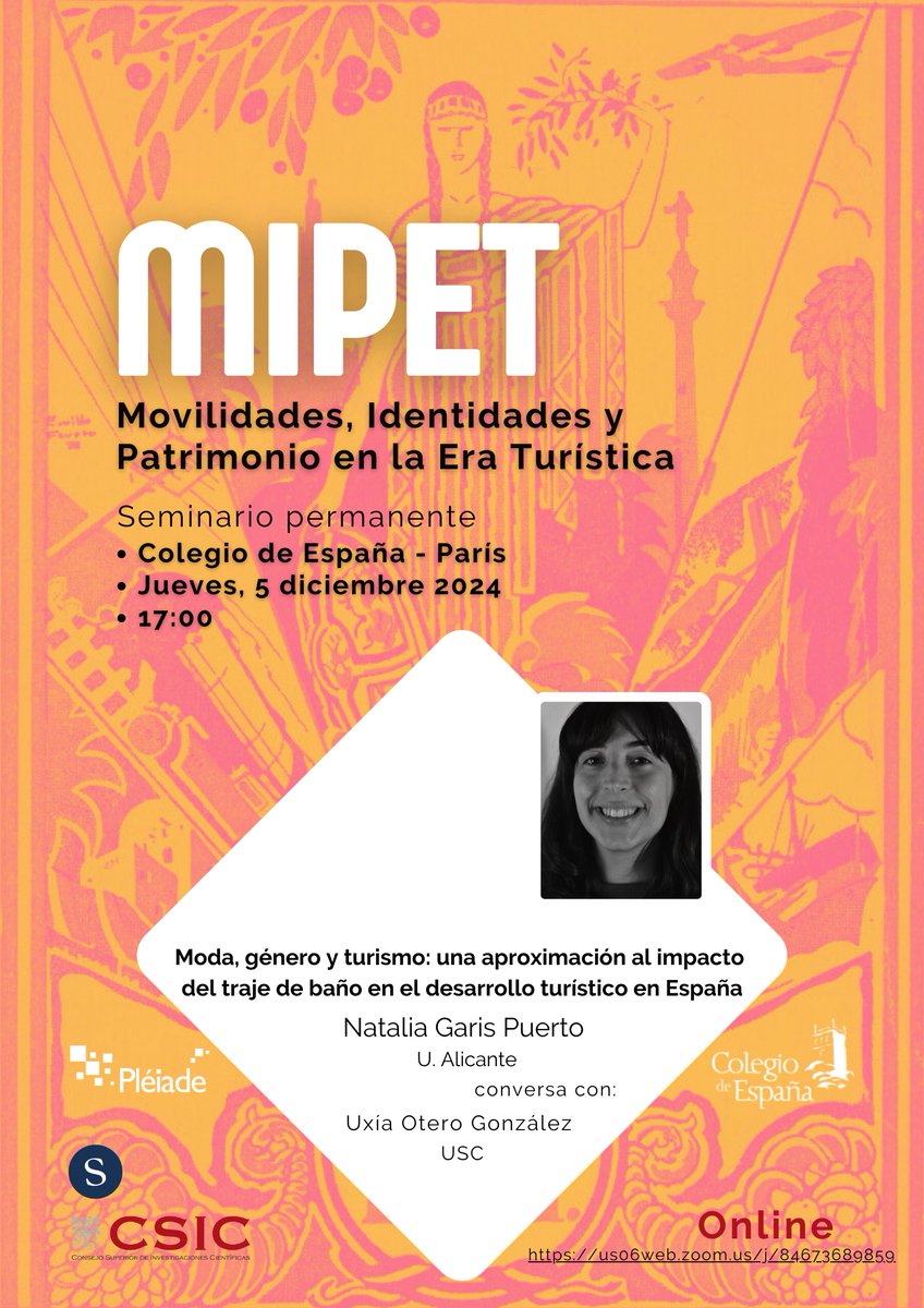 El 5 de diciembre a las 17 en el <a href="/CdE_Paris/">Colegio de España - Paris</a>  (y on line), Natalia Garis Puerto hablará de "Moda, género y turismo: una aproximación al impacto del traje de baño en el desarrollo turístico en España". Conversará con Uxía Otero González. 👙☀️colesp.org/cultura/activi…
<a href="/univ_spn/">Université Sorbonne Paris Nord</a> <a href="/CSIC/">CSIC</a>