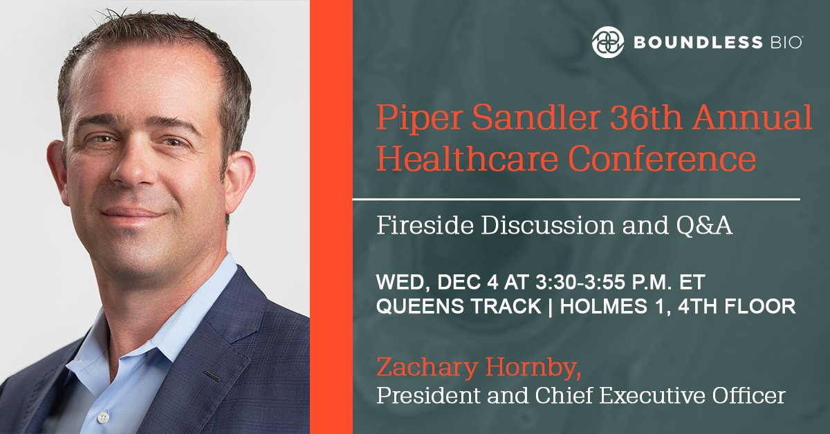 Boundless Bio (@boundlessbio) on Twitter photo Boundless Bio's Chief Executive Officer, <a href="/ZacharyHornby/">Zachary Hornby</a> will be at <a href="/Piper_Sandler/">Piper Sandler</a>'s 36th Annual Healthcare Conference in New York, NY the first week of December for a fireside chat and Q&A. Don't miss the discussion and read more: investors.boundlessbio.com/news-releases/⌠Boundless Bio's Chief Executive Officer, <a href="/ZacharyHornby/">Zachary Hornby</a> will be at <a href="/Piper_Sandler/">Piper Sandler</a>'s 36th Annual Healthcare Conference in New York, NY the first week of December for a fireside chat and Q&A. Don't miss the discussion and read more: investors.boundlessbio.com/news-releases/âŚ