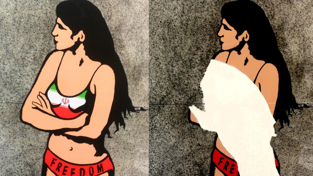 Il murale realizzato da aleXsandro Palombo per  la studentessa iraniana Ahoo Daryaei  è stato quasi del tutto cancellato.
Uomini coraggiosi, vi fa paura un murale?
Volete cancellare anche i simboli?