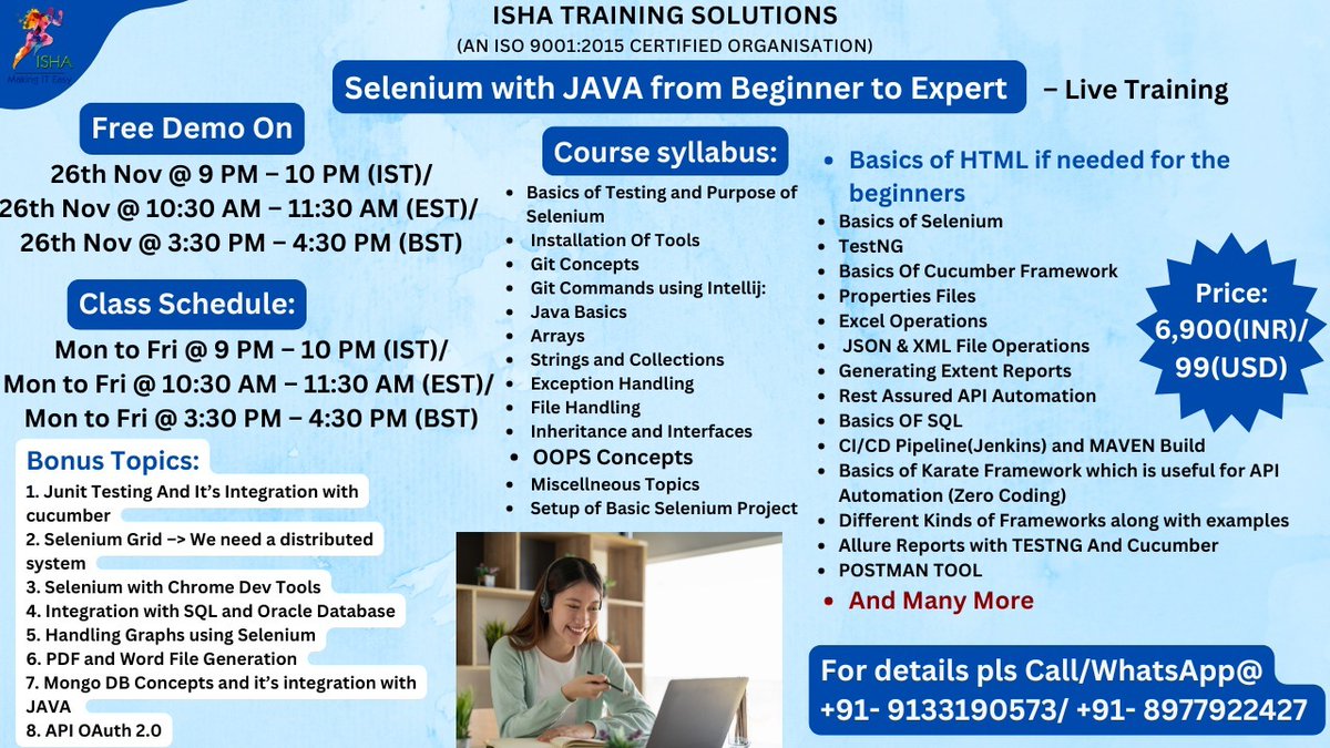 IshaKumargupta's tweet image. "Selenium with Java”–Live Training
Free Demo On 26th Nov
Registration, you can register by joining the below Link docs.google.com/forms/d/e/1FAI…
#Selenium #SeleniumWebDriver #SeleniumJava #TestAutomation #AutomationTesting #Java #JavaProgramming #WebAutomation #Automation