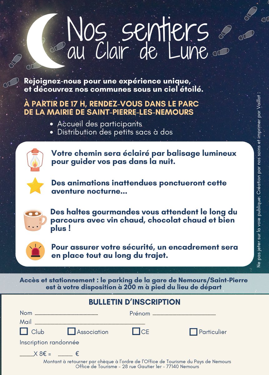 𝗡𝗼𝘀 𝘀𝗲𝗻𝘁𝗶𝗲𝗿𝘀 𝗮𝘂 𝗖𝗹𝗮𝗶𝗿 𝗱𝗲 𝗟𝘂𝗻𝗲 : SAMEDI 7 DÉCEMBRE 2024 🌙
Partez pour une randonnée nocturne de 14 km organisée par l’Office de Tourisme du Pays de Nemours.
📍 Accueil dès 17h au parc de la mairie de Saint-Pierre-lès-Nemours
📝 tourisme-paysdenemours.fr/sentiers-au-cl…