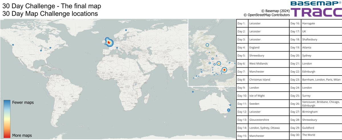 basemap's tweet image. Day 30 of #30DayMapChallenge: The Final Map! 🌍🗺️
We’ve mapped all the places we explored over the past 30 days. From UK holiday spots to Manchester’s Bee Network and EV performance, it’s been an amazing month of discovery. Thanks for joining us! #GIS #MapChallenge #Cartography