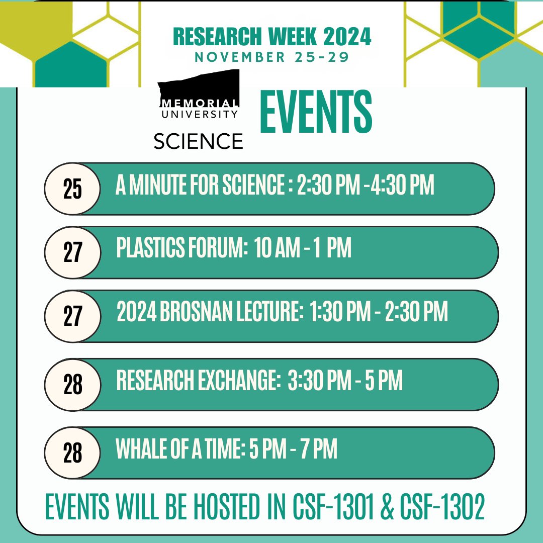 Faculty of Science, Memorial University (@memorialusci) on Twitter photo Happy #ResearchWeek2024! 💡
We have some incredible events in store for you this week, and lots of opportunities to celebrate the groundbreaking research happening here at <a href="/MemorialU/">Memorial University</a>!
🔗 Find out more about upcoming Research Week events here: mun.ca/research/event… Happy #ResearchWeek2024! 💡
We have some incredible events in store for you this week, and lots of opportunities to celebrate the groundbreaking research happening here at <a href="/MemorialU/">Memorial University</a>!
🔗 Find out more about upcoming Research Week events here: mun.ca/research/event…