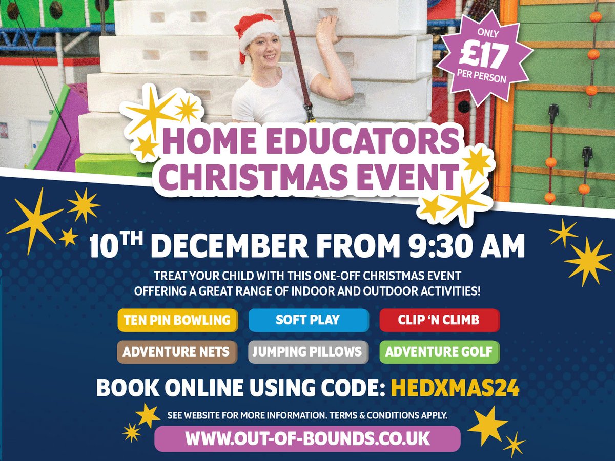 Calling all Home Educators! 

Our amazing Home-Ed Christmas Activity Event is on Wednesday 11th December🥳

Book now on our website using the code: HEDXMAS24 on the purchase of an Outdoor Day Ticket!

#OOB #OutOfBounds #EscapeTheOrdinary