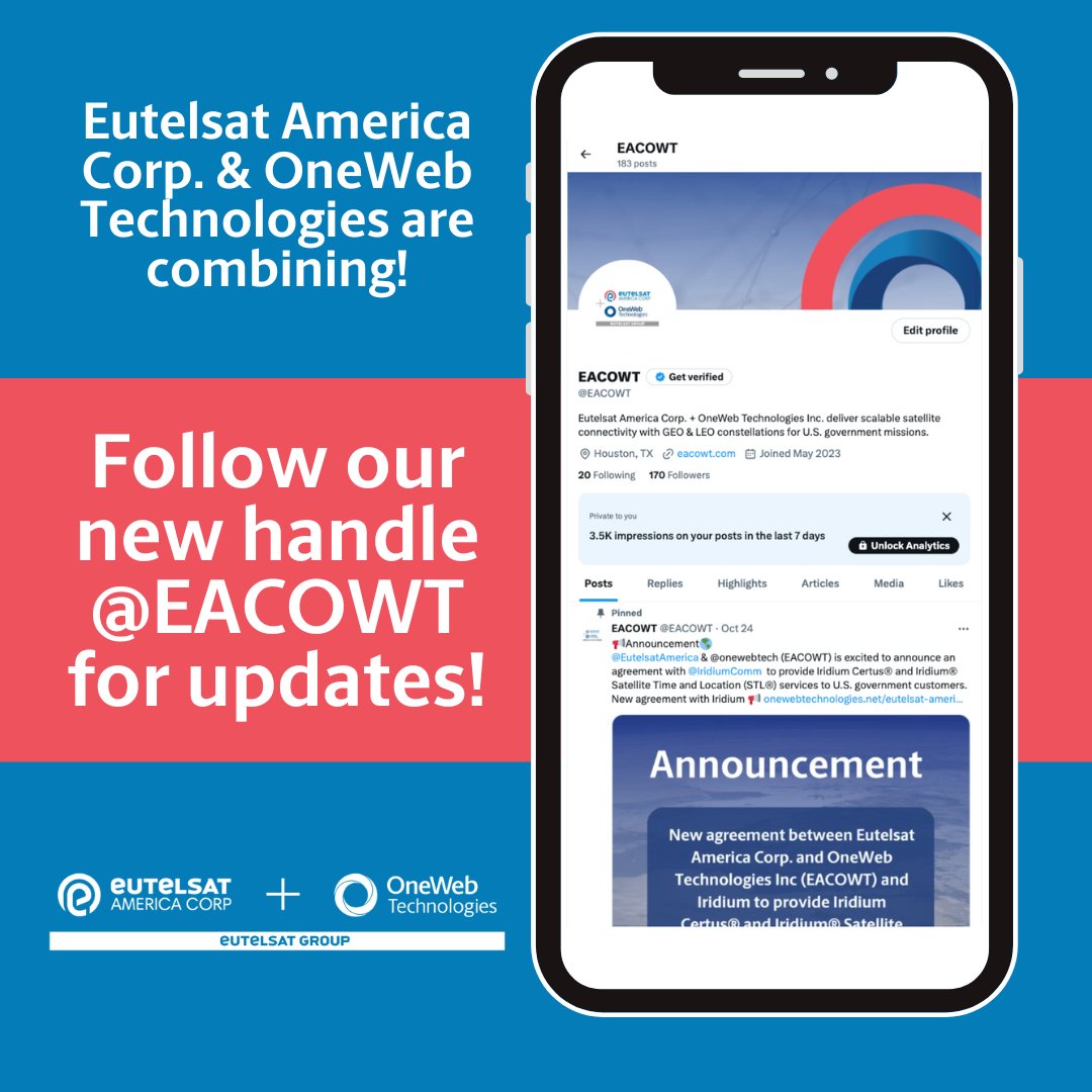 EutelsatAmerica's tweet photo. We’re moving in 10 days. Eutelsat America Corp.
is now one with OneWeb Technologies. In just 10
days, we’ll be moving all of our social updates to
@EACOWT. 
✅ Follow us now to stay connected. https://t.co/J7e4wPAdCB