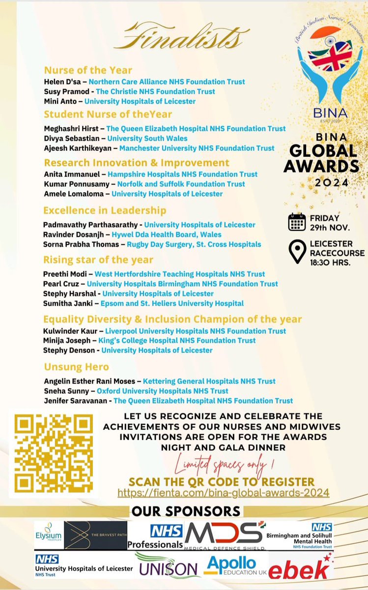 Pearl Cruz (@cruzpearltcc) on Twitter photo Delighted to be a finalist at the <a href="/BINA_UK/">BINA (British Indian Nurses Association)</a> global awards
Huge congratulations to all the finalist who made it to the list and all the very best!
<a href="/uhbtrust/">University Hospitals Birmingham</a> Delighted to be a finalist at the <a href="/BINA_UK/">BINA (British Indian Nurses Association)</a> global awards
Huge congratulations to all the finalist who made it to the list and all the very best!
<a href="/uhbtrust/">University Hospitals Birmingham</a>