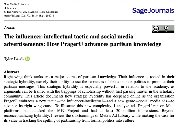 New open access article out in New Media &amp; Society on the blending of influencer and advertising tactics to promote right-wing partisan knowledge

journals.sagepub.com/doi/10.1177/14…