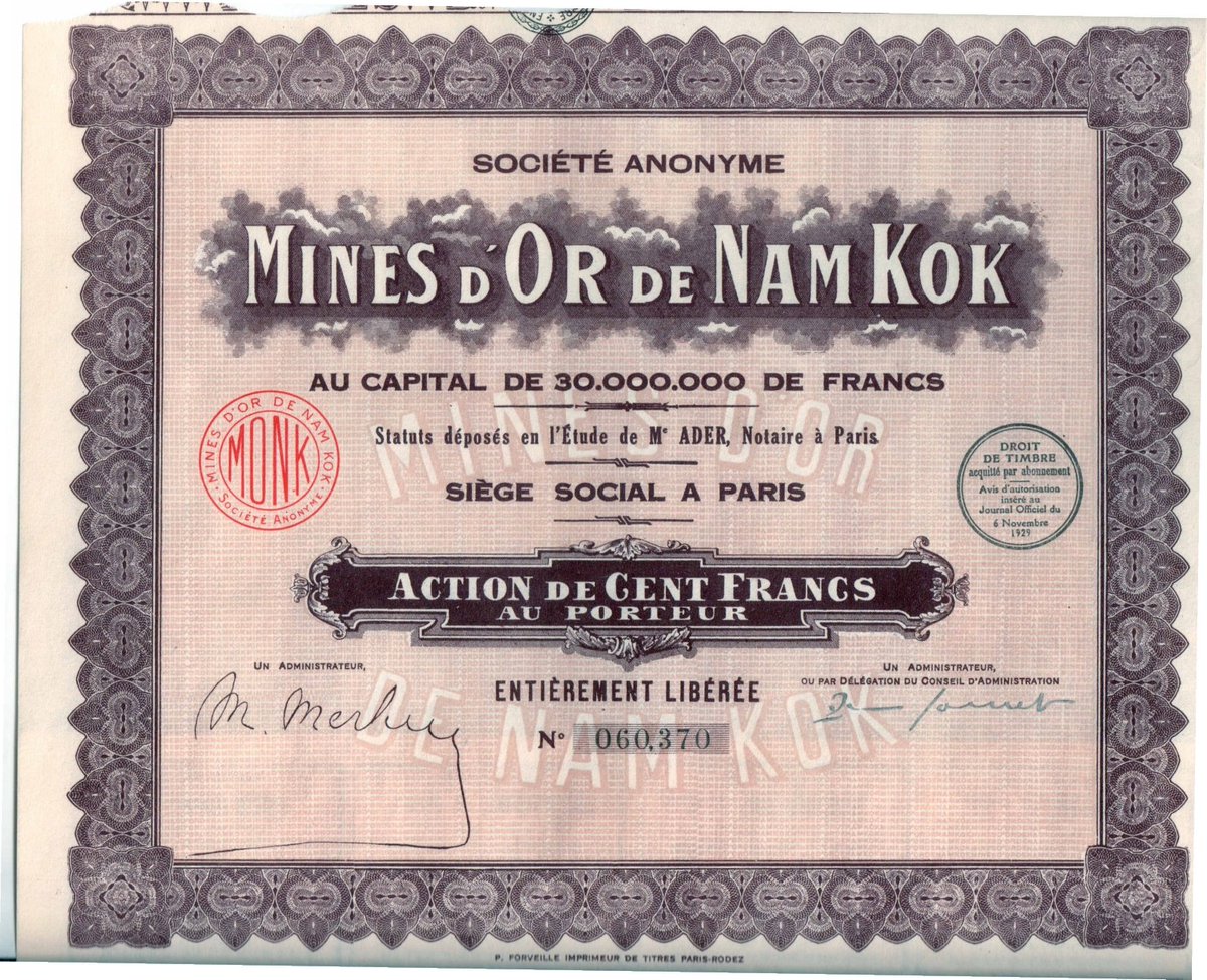 DrPsychdrus's tweet image. #Thailand  #ChiangRai #OTD #WritingCommunity

💵 Old Paper Stocks / 100 💵

Mines d'Or de NamKok (1929)

📎Lanna (Northern Thailand).📎A trip to Chiang Rai: Wat Rong Khun; Wat Rong Suea Ten; Wat Phra Kaew; Singha Park; Baan Dam museum; Khun Korn; Wat Huay Pla Kung;Mae Fah Luang.