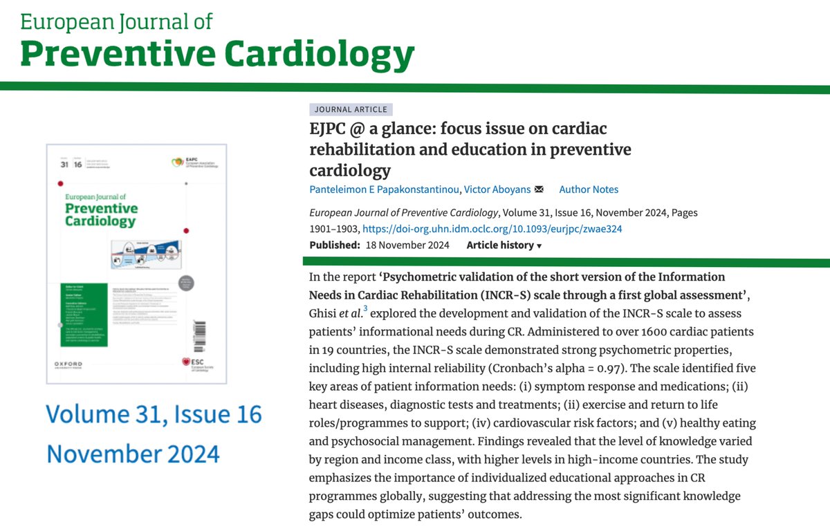 Gabriela Ghisi (@gabrielamghisi) on Twitter photo Excited to see the latest European Journal of Preventive Cardiology edition focused on #cardiacrehab & Education! Proud to contribute to the INCR-S validation + assessment of info needs across 19 countries.
Thanks for highlighting our paper: academic.oup.com/eurjpc/article… <a href="/sherrylgrace/">Sherry Grace</a> Excited to see the latest European Journal of Preventive Cardiology edition focused on #cardiacrehab & Education! Proud to contribute to the INCR-S validation + assessment of info needs across 19 countries.
Thanks for highlighting our paper: academic.oup.com/eurjpc/article… <a href="/sherrylgrace/">Sherry Grace</a>