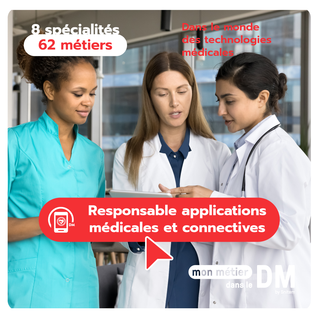 [Les métiers du DM] Zoom sur 🔎 Responsable Applications Médicales et Connectives 
📱tu es au cœur de l'intersection entre la technologie et la santé.  Et encore plus de métiers à découvrir lors du grand Afterwork des métiers du DM ! 
👉 website-24982.eventmaker.io/fr