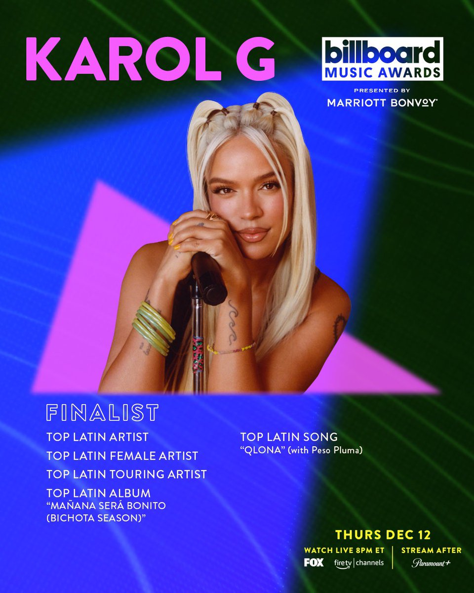 We are excited to share that Karol G is a 2024 Billboard Music Awards (BBMAs) finalist for the following awards:
 
Top Latin Artist
Top Latin Female Artist
Top Latin Touring Artist
Top Latin Album (“MAÑANA SERÁ BONITO (BICHOTA SEASON)”)
Top Latin Song (“QLONA”)