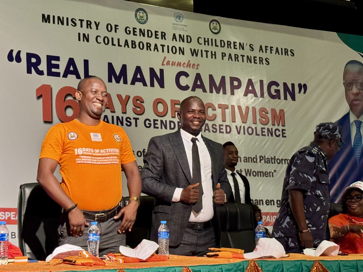 RainboInitiativ's tweet photo. The 16 Days of Activism Against GBV launched today with the “Real Man Campaign” by First Lady Dr. Fatima Maada Bio, urging men to respect, protect & uplift women. 🧡
#RealManCampaign #16DaysOfActivism https://t.co/0pVIfKSaki