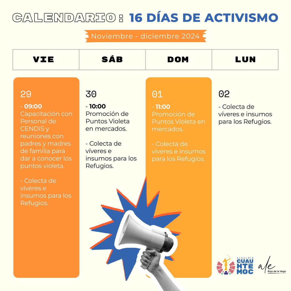 Te compartimos nuestro calendario correspondiente a esta semana. #16DíasDeActivismo ☺️