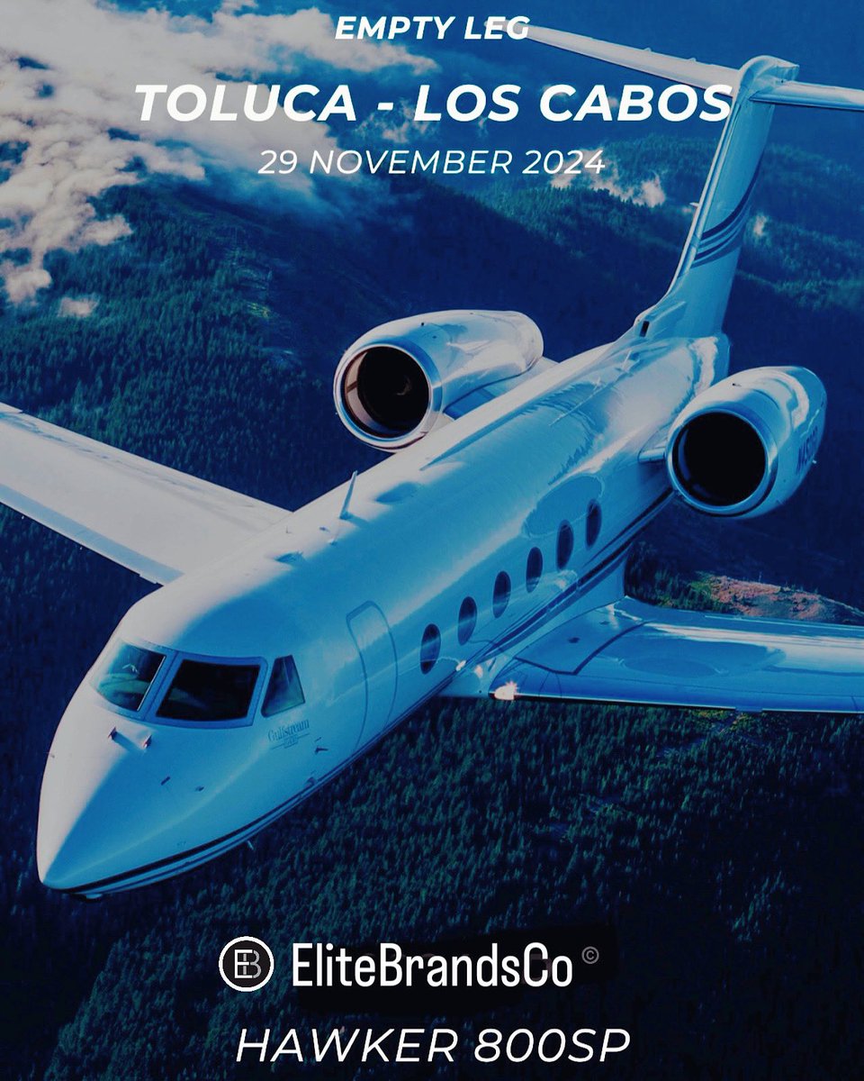 EliteBrandsCo's tweet photo. Exclusive Travel Opportunity from #EliteBrandsCo 👀 

#PrivateJet #EmptyLegFlight #TravelDeals #Toluca #LosCabos #EmptyLeg #FlyPrivate #méxicotravel #visitmexico🇲🇽 #TravelConcierge #EliteExperience #EliteBrands  

EMPTY LEG: November 29, 2024

Departure: Toluca, México (TLC)  
Arrival: Los Cabos, México (SJD)  
Aircraft: Hawker 800SP  

Take advantage of this unique opportunity for luxury travel at a deep discount. Enjoy the sophisticated comfort and efficiency of our Hawker 800SP (company owned aircraft) 

ACTION REQUIRED: Please contact us promptly to confirm your booking.

📲 @EliteBrandsCo

🔗 https://t.co/q3ua8mMJKs

📍The Globe is our Marketplace