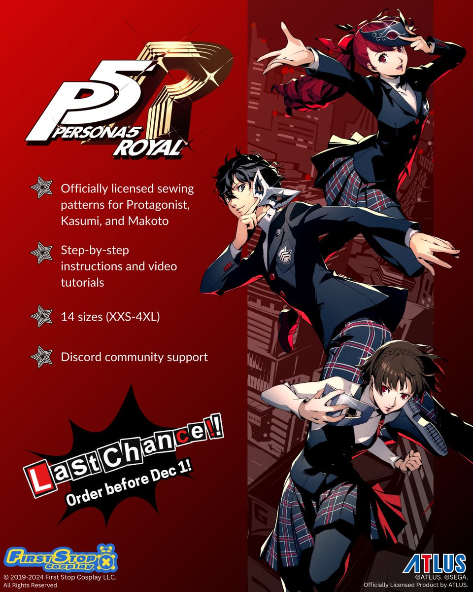 1stStopCosplay's tweet photo. Recreate Protagonist’s edgy style and capture the charisma he brings to P5R with our officially licensed sewing pattern!

This product is only sold in the U.S.

 https://t.co/nUsQkx0aYX

 @Atlus_West @AtlusStyles
 #persona5royal #atluswest #p5r #persona5cosplay #atlusstyles https://t.co/2UfUVhNTLL