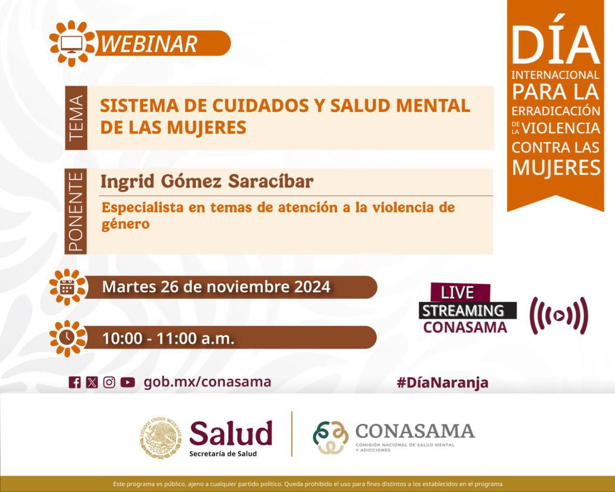 CapaAlianzaMty's tweet photo. Con motivo de la conmemoración del Día Internacional para la Erradicación de la Violencia contra las Mujeres te invitamos al webinar:

📌Sistema de Cuidados y Salud Mental de las Mujeres
Ponente: Ingrid Gómez Saracíbar
📅26 noviembre
🕓10:00 - 11:00 h https://t.co/cY5N2rdJTX