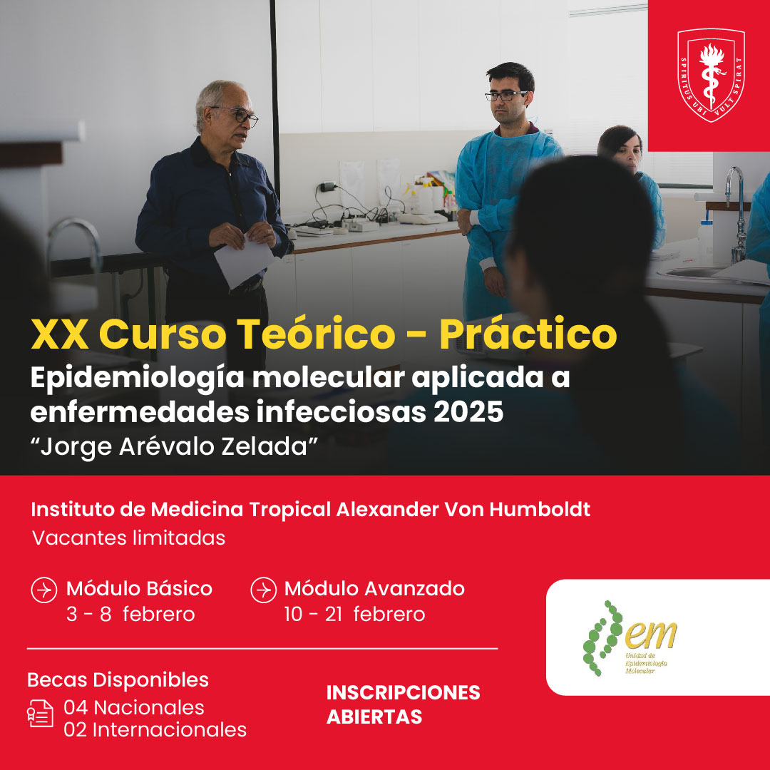 IMTAVH_UPCH's tweet photo. 📌XX CURSO TEÓRICO – PRÁCTICO EPIDEMIOLOGÍA MOLECULAR APLICADA A ENFERMEDADES INFECCIOSAS - “Jorge Arévalo Zelada”   
Ficha de Inscripciones: https://t.co/T7cffW747g
Mayor información: https://t.co/lPZOKha1l0
Del 03 al 21 de febrero del 2025
Se otorgarán 6 becas 👏 https://t.co/USCR0jOi0k