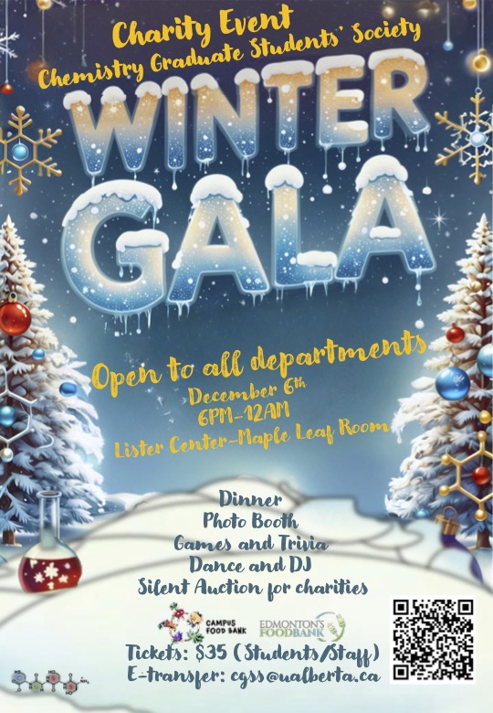 ChemGradStudents (@uofacgss) on Twitter photo 🎉Winter Gala 2024
🗓️ Dec 6, 2024 | 6 PM
Celebrate the semester's end with students from all departments! 🎉✨ Enjoy connections, good vibes, & support the Edmonton & Campus Food Banks.
🎟️ Register via QR code (event poster) & e-transfer cgss@ualberta.ca.
#UAlberta #WinterGala 🎉Winter Gala 2024
🗓️ Dec 6, 2024 | 6 PM
Celebrate the semester's end with students from all departments! 🎉✨ Enjoy connections, good vibes, & support the Edmonton & Campus Food Banks.
🎟️ Register via QR code (event poster) & e-transfer cgss@ualberta.ca.
#UAlberta #WinterGala