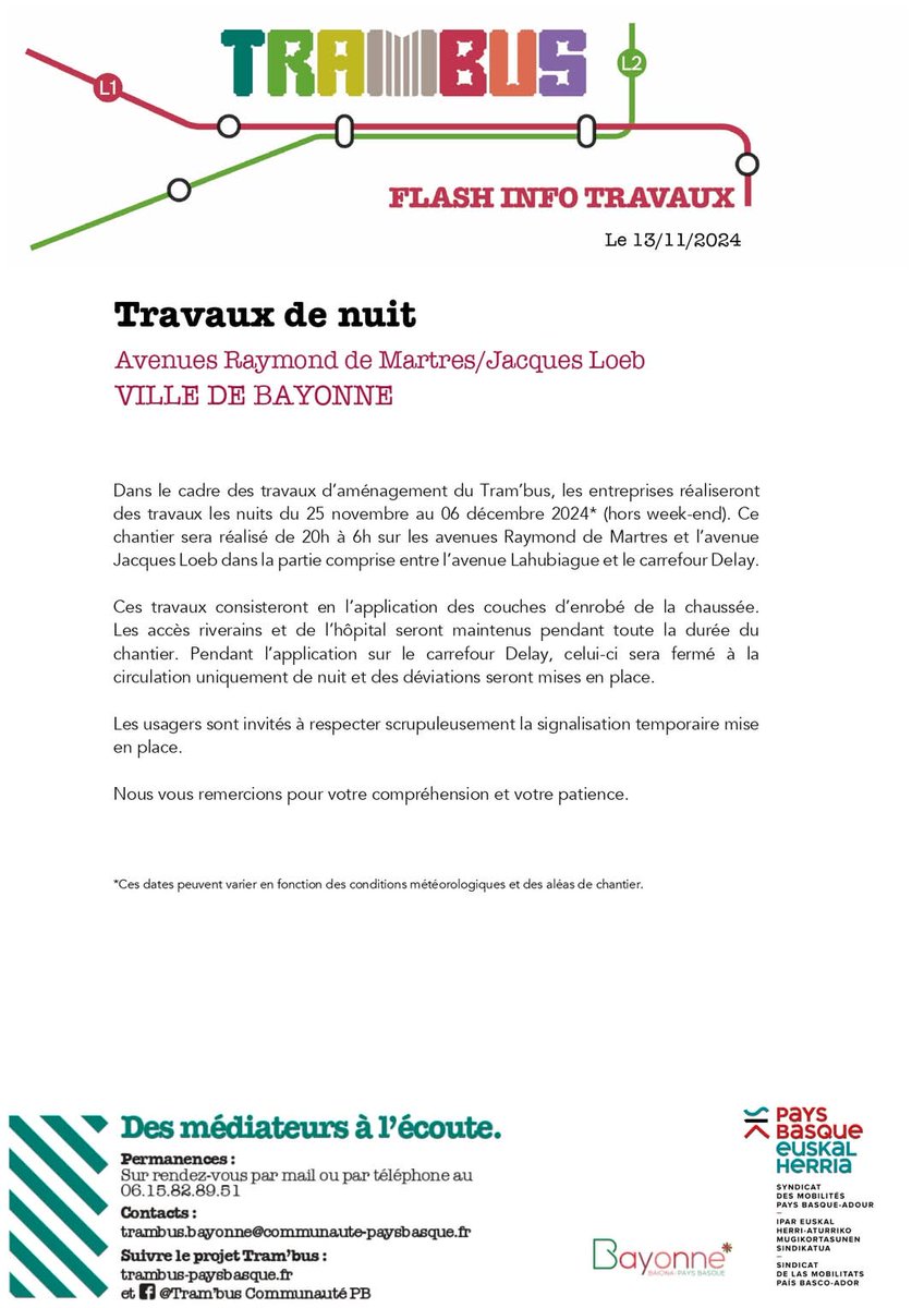 🚧 Flash info travaux | Dans le cadre des travaux d’aménagement Tram’bus, les entreprises réaliseront des travaux sur les avenues Raymond De Martres et Jacques Loeb, dans la partie comprise entre l'avenue Lahubiague et le carrefour Delay, au cours des nuits du 25 novembre au 6