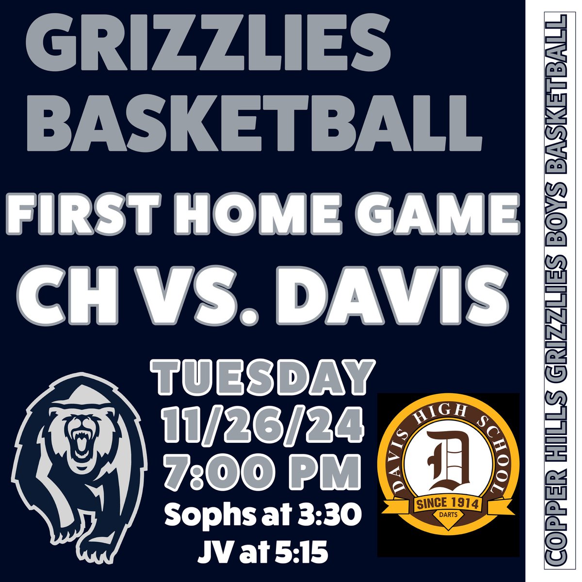 Copper Hills Grizzlies take on the 3rd Ranked Davis Darts on Tuesday 11/26/24

Come support the Grizzlies in their first home game of the season 

#PROTECTTHEDEN