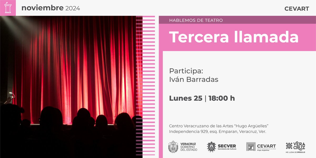 Ven a disfrutar de Tercera llamada, conversatorio mensual donde se debaten temas sobre la actualidad en el teatro nacional y veracruzano, presenta Ivan Barradas.
📅 Hoy, lunes 25 de noviembre.
⏰ 18:00 horas.
🔴 Entrada libre.