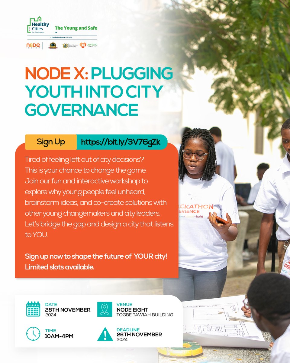 🚀 Calling all young innovators in Ho!

Tired of feeling left out of city decisions? This is your chance to change the game.

Join #NodeXHackathon: Plugging Youth into the City Governance Edition to explore why young people feel unheard, brainstorm ideas, 

1\3