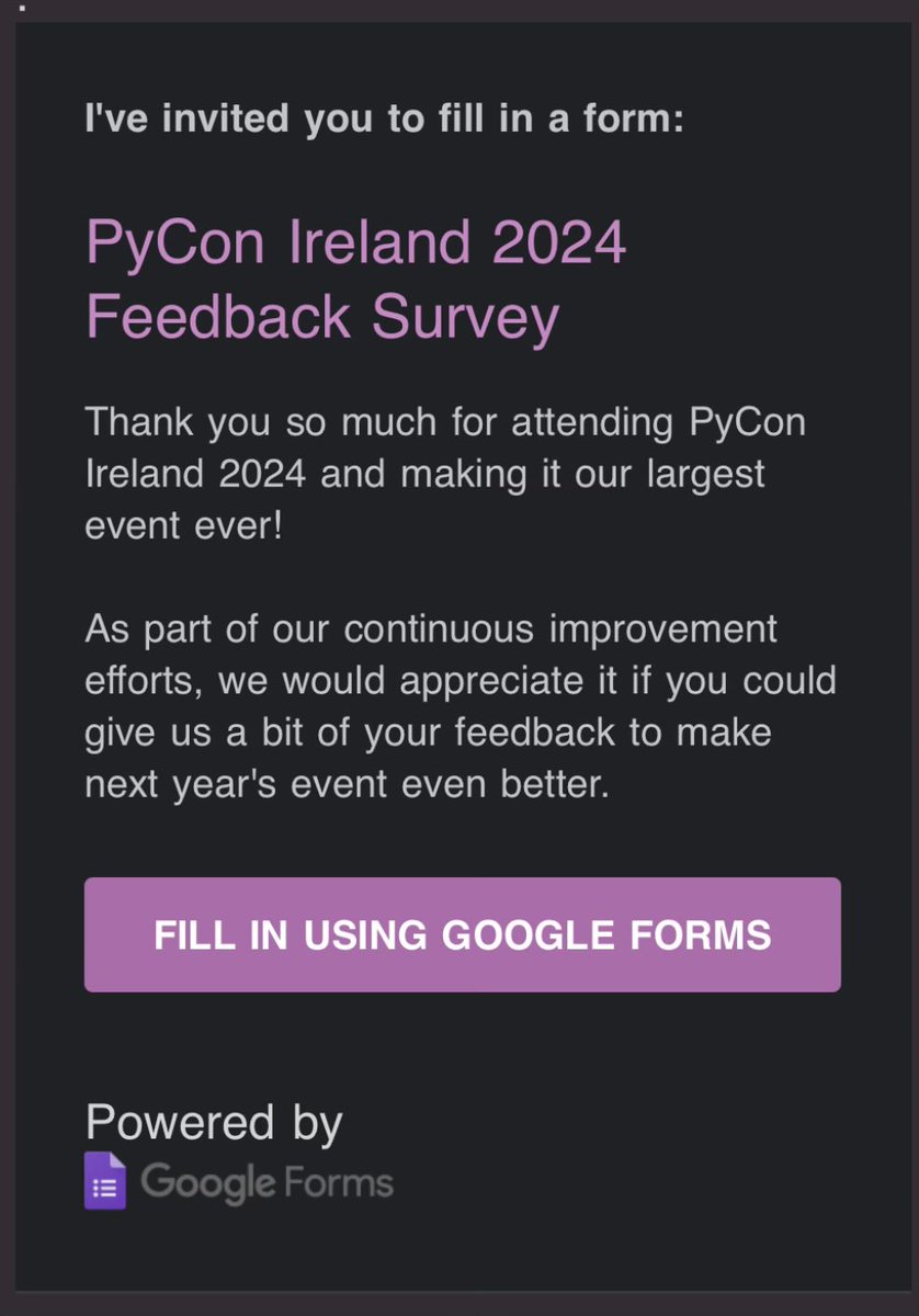 Hi all, as part of our continuous improvement efforts - we’ve sent out a feedback survey to attendees of PyCon Ireland. Please help us improve for 2025 and send us your feedback ❤️ 

#PyConIe #Python #PyCon