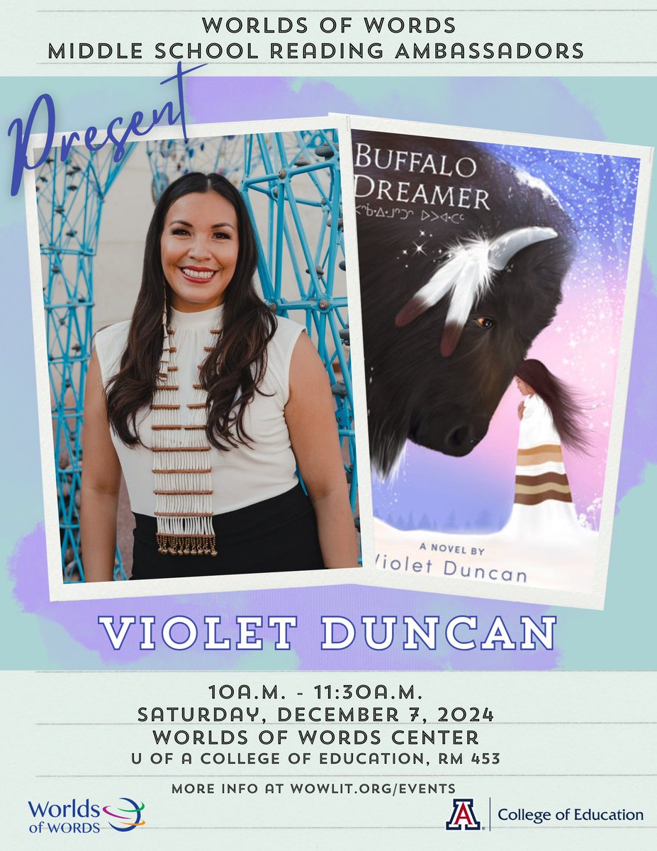 WorldsOfWords's tweet photo. The WOW Middle School Reading Ambassadors invite you to meet Violet Duncan! Join us on December 7th to discuss her novel Buffalo Dreamer. 

More info below: https://t.co/YZ6D2x2HBz https://t.co/haJMoh2QOj