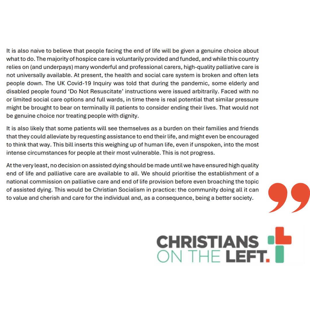 Ahead of this week's vote in parliament, a statement from Christians on the Left on assisted dying.