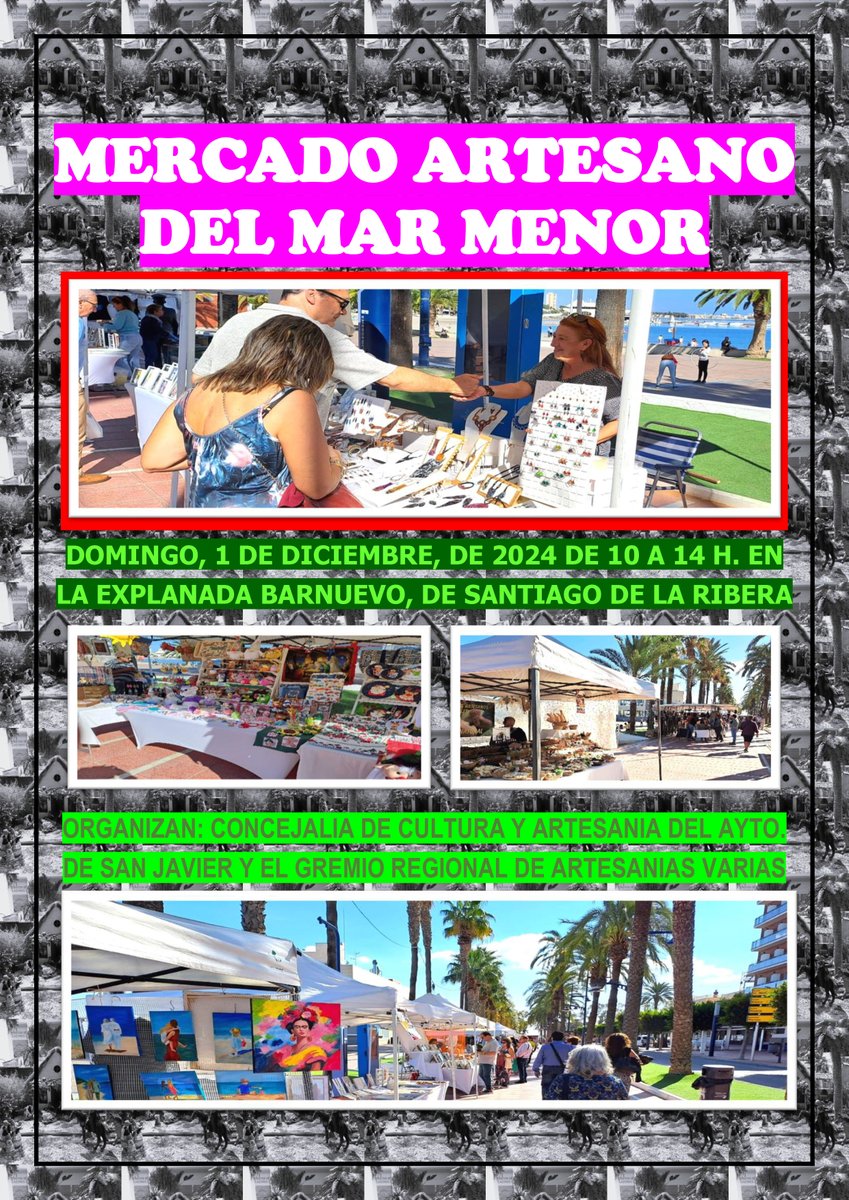 "MERCADO ARTESANO DEL MAR MENOR", DOMINGO 1 DE DICIEMBRE, EN LA EXPLANADA DE BARNUEVO DE SANTIAGO DE LA RIBERA.
ESTE AÑO ES EL NUESTRO, LLEVAMOS 94968, TERMINADO CON EL PREFIJO DE  MURCIANO . ¿SE VA A QUEDAR SIN ESTE NÚMERO?, PÍDALO EN LOS PUESTOS DE ESTE MERCADO DE LA RIBERA.