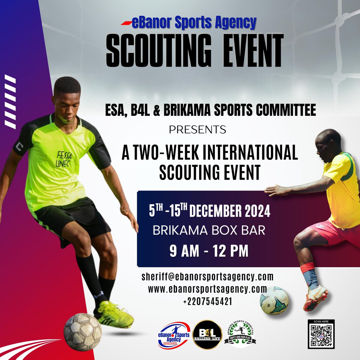 We are happy to announce that our maiden scouting event will kick off on Thursday, December 5th, 2024, at #BoxBar in Brikama in partnership with #Ballers4LifeYouthLeague and Brikama Sports Committee #soccer #scouts #fifa #fifaagent #wheretalentsarediscovered #thegambia