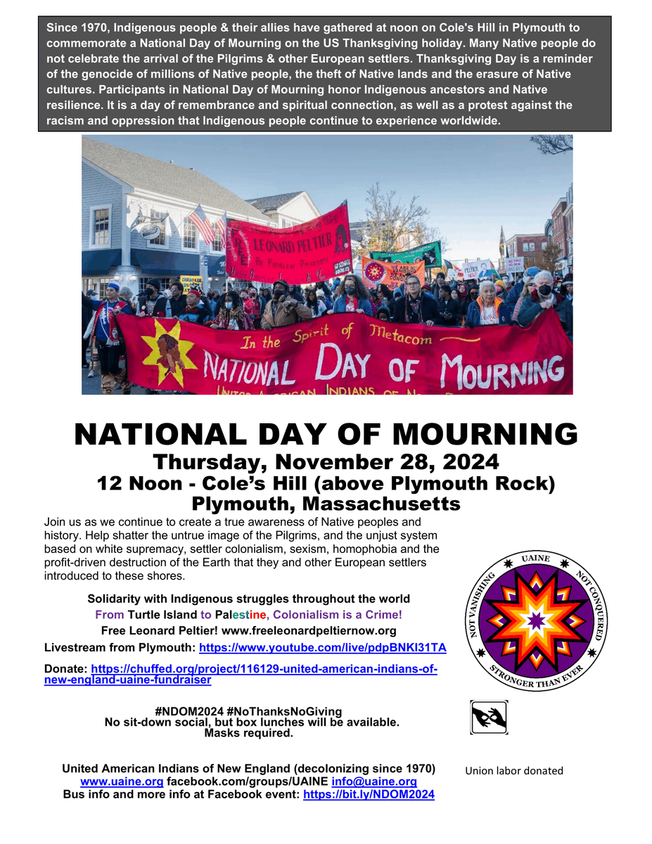 SidewithLove's tweet photo. As UUs we commit ourselves to practicing solidarity with all Indigenous peoples struggling to preserve their lands, waters, peoples, sacred sites, and sovereignty. Please join @mahtowin1 for the 54th Annual National Day of Mourning on Nov. 28 at 12pm ET: https://t.co/FNovxjC1J4 https://t.co/b1S5nPUrbK